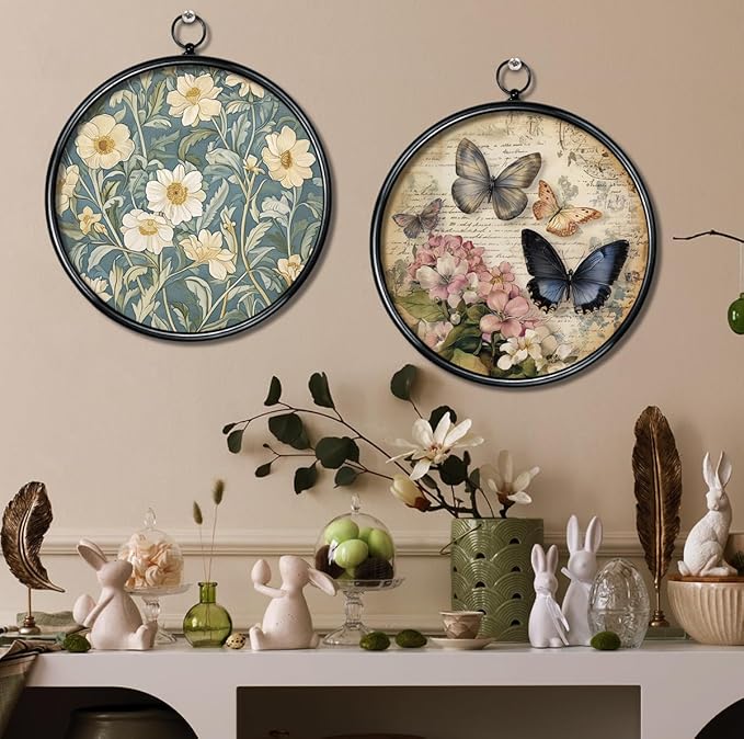 XIAOAIKA Round Vintage Wall Hanging Decor, Printed Textured Surface with Wood Back, Daisy Design, Black Metal Frame, Ready to Hang for Living Room Bedroom, 10 Inch