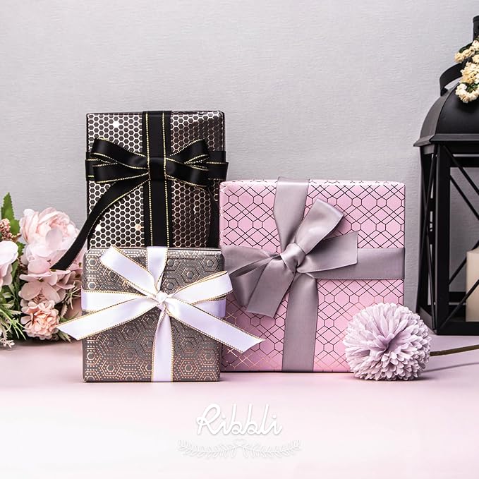 Ribbli Rose Gold Pink Birthday Wrapping Paper Mini Roll, 3 Rolls Grey Pink Black Geometry Pattern with Rose Gold Foil for Valentines Day Mothers Day Wedding - 17 inch x 120 inch(10feet) Per Roll