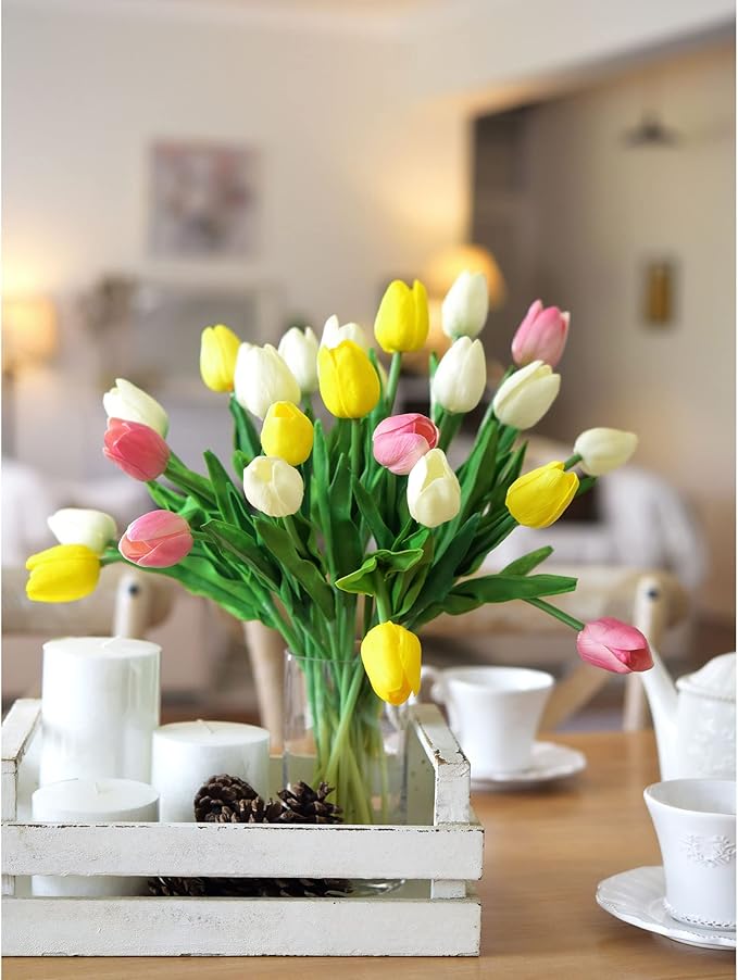 FiveSeasonStuff Real Touch Tulips Artificial Flowers – 15 Stems Faux Tulip Bouquet in Gift Box for Wedding, Home Decor, Party, Floral Arrangements (Cheerful White)