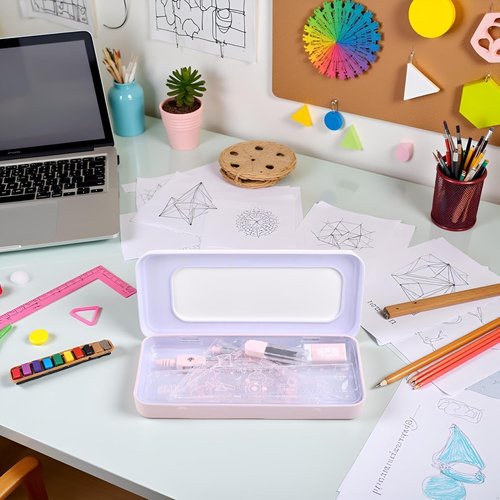 7Pcs Pink Geometry Math Drawing Set - Compass, Protractor & Rulers in Portable Box for Students