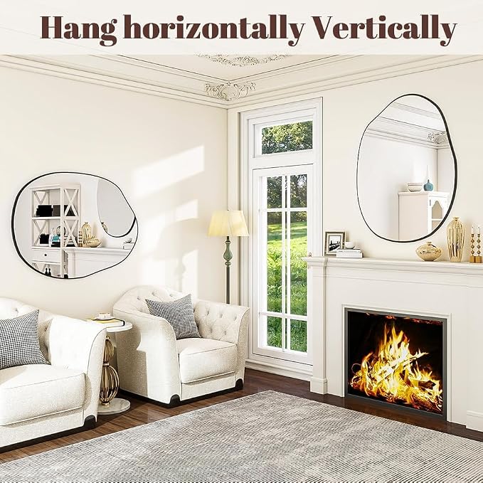 BEAUTYPEAK Asymmetrical Mirror, 22 x 32 Inches Irregular Wall Mirror, Wood Frame Unique Shape Wall Mounte, Decorative for Living Room Bedroom Entryway Hallway
