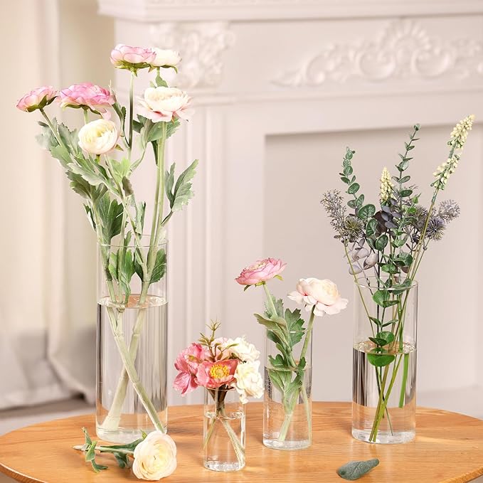 Fixwal 4pcs Clear Glass Cylinder Vases, 4, 6, 8, 10 Inch Tall Cylinder Vases for Centerpieces, Glass Flower Vase Floating Candle Holder Vase for Table Shelf, Party, Wedding, Home Decor