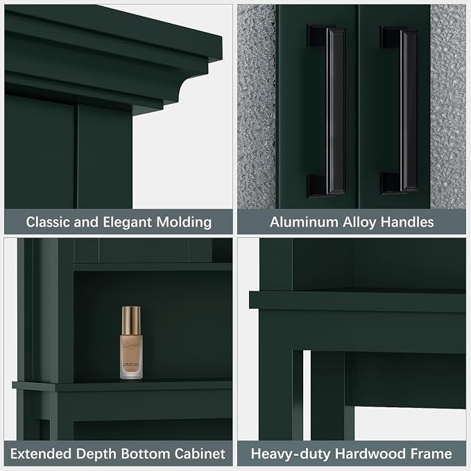 Over The Toilet Storage Cabinet, Over Toilet Storage with Glass Doors and Adjustable Shelf, Thicken Frame Above The Toilet Storage Cabinet Behind The Toilet Bathroom Organizer, Forest Green