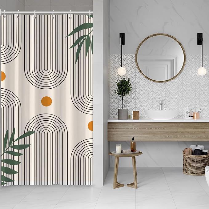 Boho Mid Century Shower Curtain Bohemian Minimalist Geometric Arch Sun Bathroom Curtain Sage Green Plant Polyester Shower Curtain Sets for Bathroom Extra Long 54x72 in with 10 Hooks