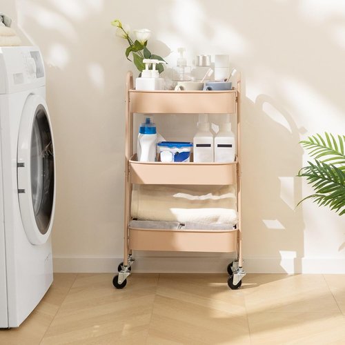 AGTEK 3-Tier Utility Rolling Cart - Lockable Wheels & Metal Storage Organizer for Kitchen, Office, Craft | Blush