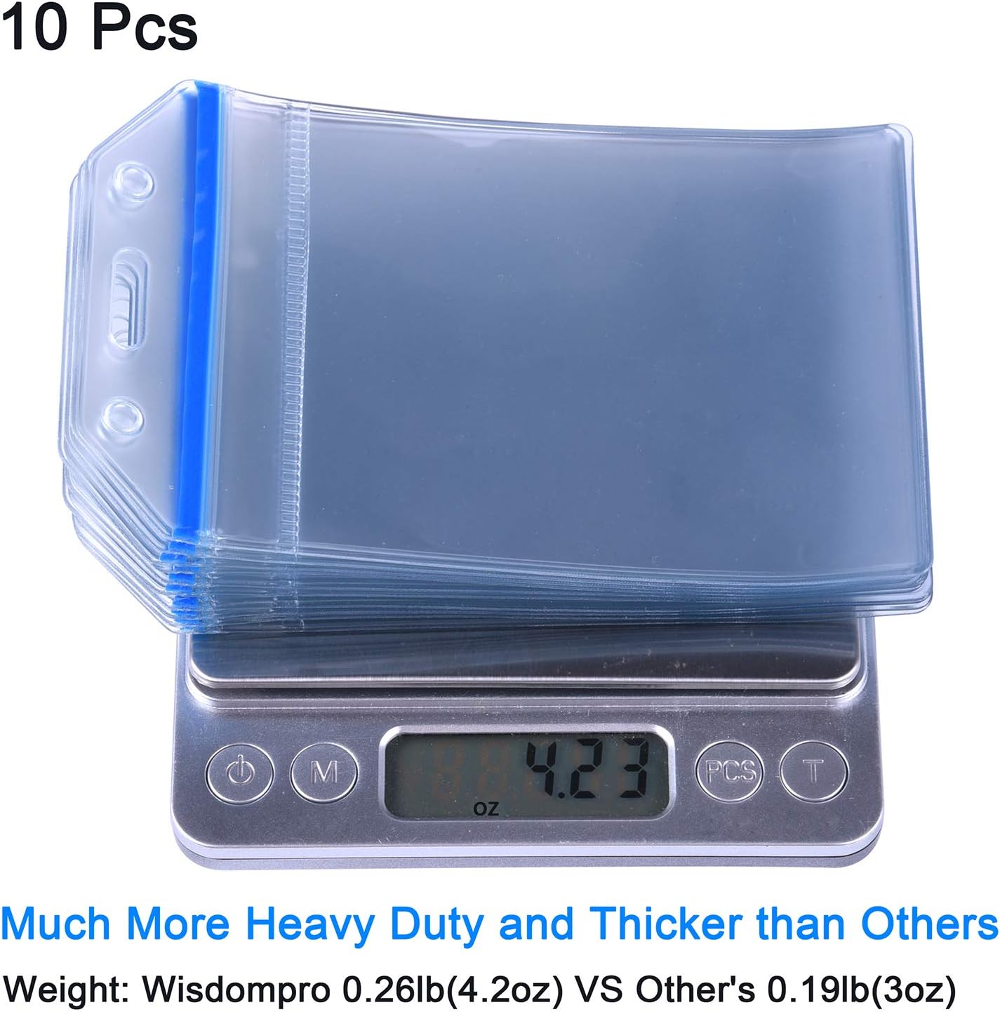 Wisdompro Vertical Extra Thick Clear ID Badge Holders - 10 Pack with Resealable Zip | Blue Zip (4-1/8" x 2-7/8")