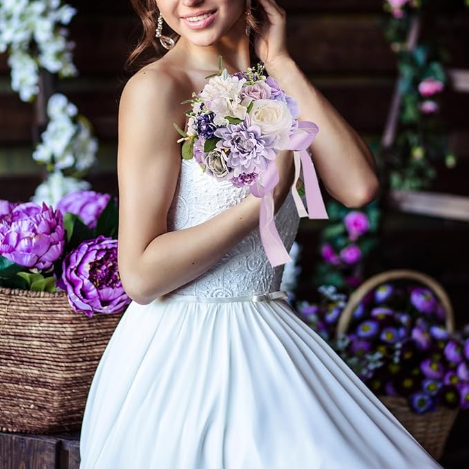 Lavender Purple Wedding Bouquets for Bride Bridesmaid,Lilac Bridal Bouquet Artificial Fake Silk Roses Flowers for Wedding Boho French Vintage Rustic Church Decoration Toss Bouquet (8.6in(M))