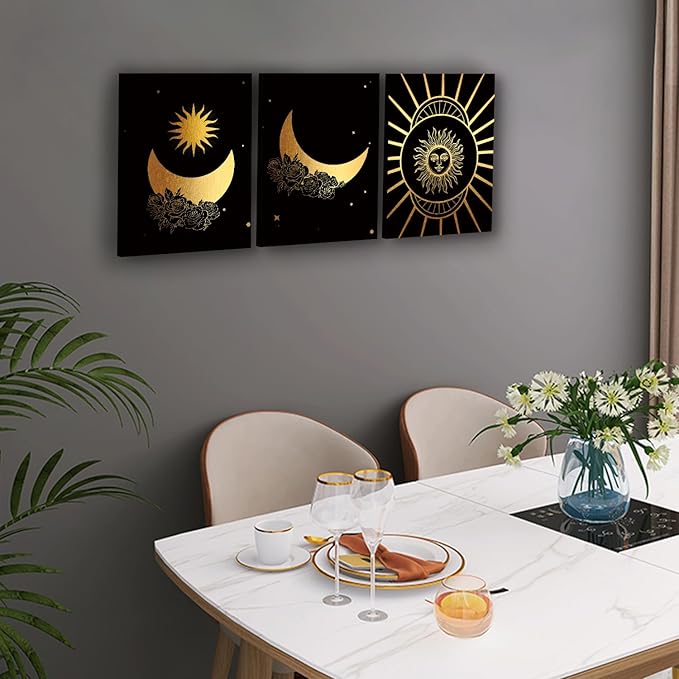Tarot Canvas Wall Art Abstract Sun Moon Phases Floral Print Poster Black Gold Aesthetic Art Astrology Pictures Artwork Vintage Paintings Decor for Bedroom Living Room Home Decoration 12x16” Set of 3