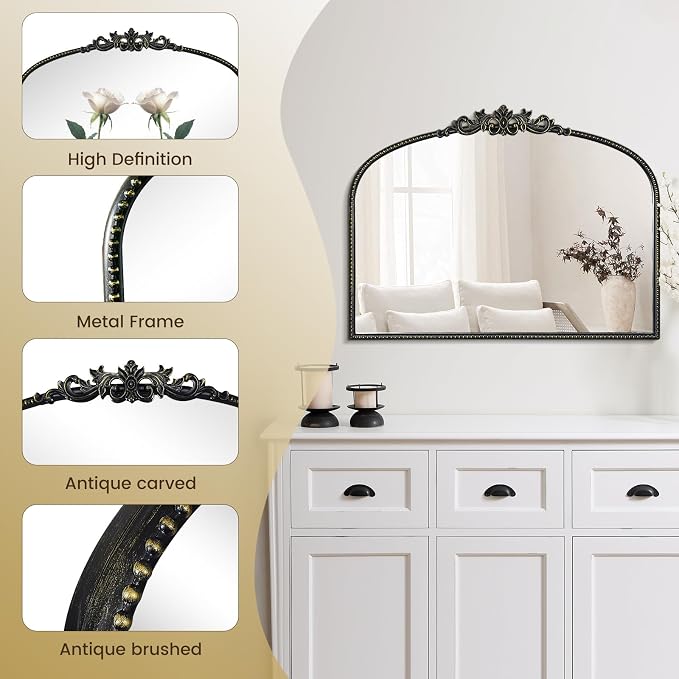 WallBeyond Black Vintage Mirror for Vanity 32x24 Inch, Black Antique Mirror with Ornate Frame, Arched Vintage Wall for Bathroom, Living Room, Fireplace, Entryway