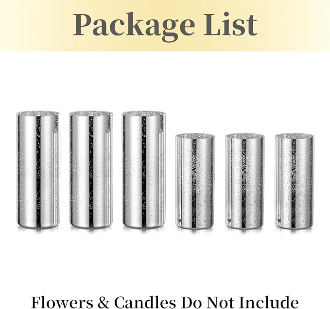 Glass Cylinder Vases Set of 6, Hewory Glittery Silver Vase for Centerpieces, Hurricane Candle Holders for Pillar or Floating Candle, Round Tall Vase for Wedding Anniversary Events Home Table Decor