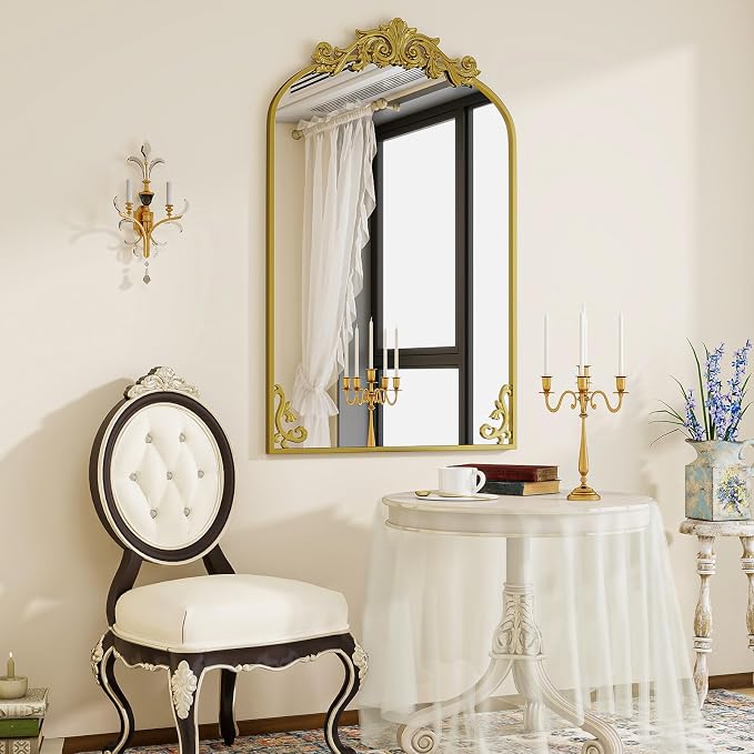 VooBang 26x38 inch Vintage Arched Bathroom Mirror - Gorgeous Wall Vanity Mirror with Beautiful Retro Top and Bottom Engraving Process Frame for Entryway Hallway Living Room, Gold