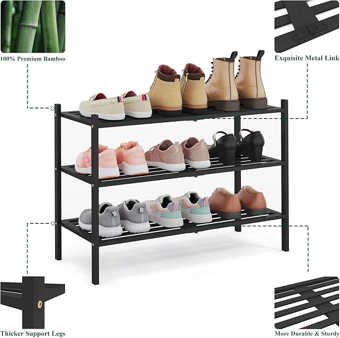 Smiry Bamboo Shoe Rack 3-Tier, Stackable Wooden Shoe Organizer for Entryway & Closet, Free Standing Wood Shoe Storage Shelf for Front Door & Small Spaces, Black