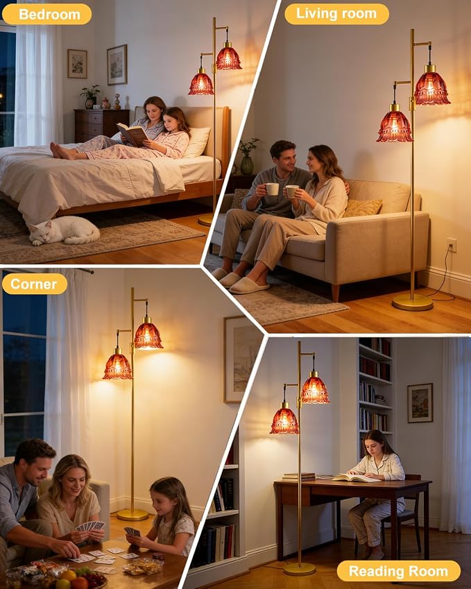 Lightdot 65IN Glass Floor Lamp for Living Room, 2- Light Gold Flower Floor Lamps with Rose Red Glass Lampshade,3000K Warm White Modern Standing Tall Lamp with 5Lbs Heavy Base for Bedroom Corner