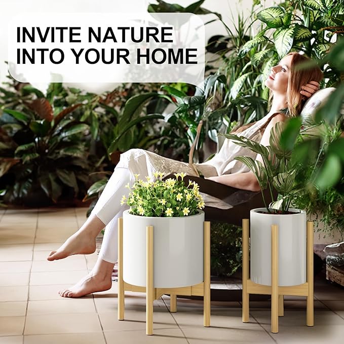 MUDEELA Plant Stand for Indoor Plants: Adjustable Width Fits 8-12 Inch Pots - Mid-century Modern Bamboo Plant Stand - 14.5 Inch Single Tier Small Floor Plant Holder, Natural, 2 Pack (Without Pot)