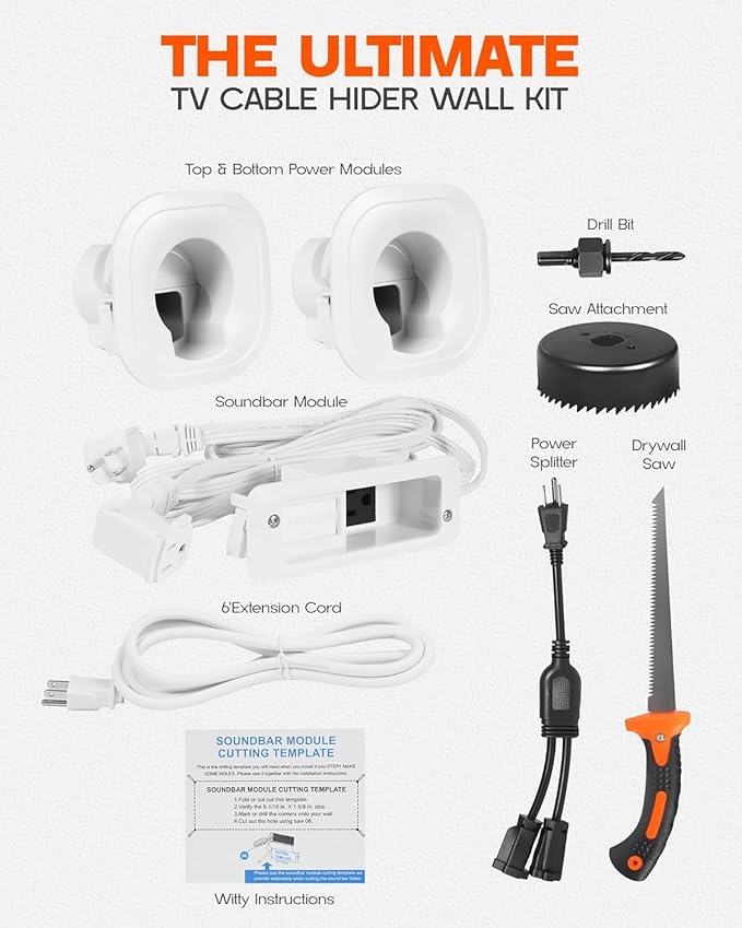 in-Wall Cable Management Kit for TV & Soundbar - Cord Concealer & Power Kit with Circle Saw & Drywall Hand Saw - Hides All Cables & Powers Devices
