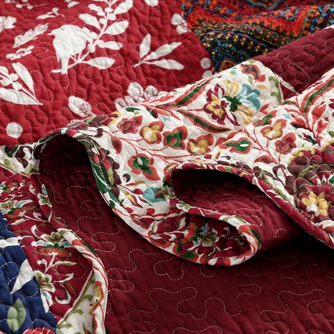 ENASAL Cotton Bedspread Quilt Sets Reversible Bedding Coverlet Sets Comforters Vintage Luxury Damask Floral Real Patchwork Burgundy Bedspread,King Size