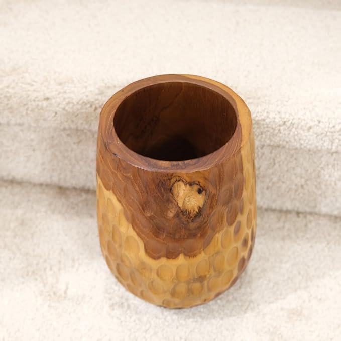 Teak Wooden Handcrafted Vase 6.7" x 6.7" x 9.5"H Natural Wood Pot Handmade Rustic Flower Holder for Entry Table Brown Stain Vintage Artworks Planter for Living Room Home Christmas Décor
