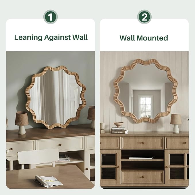 Farmhouse Wall Mirror - 31.5" Wood Frame Round Rustic Wall Decorative Mirrors, Circle Scalloped Wavy Round Boho Accent Mirror for Living Room, Bedroom, Entryway, Hallway, Fireplace (Natural)