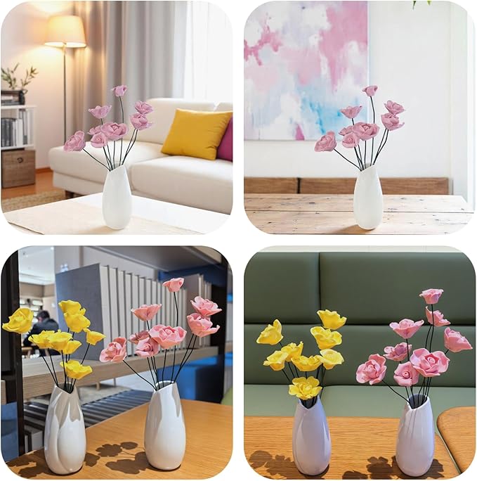 Artificial Flowers with Vase Set, 8 Handmade Ceramic Flowers with Premium Ceramic Vase, Easy Assembly Home Decor Gift Box for Wedding, Mother’s Day, Table Centerpiece (Pale Pink)