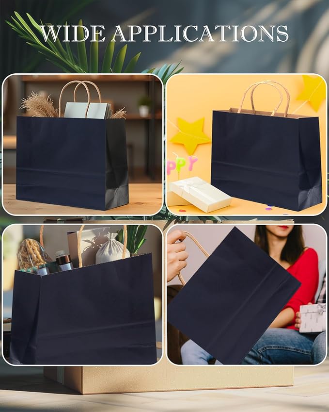 qiqee 13"x4.5"x10" Large Gift Bag with Handles Bulk 32PCS Gift Paper Bags Navy Blue Bags Multiple Uses (Wide Large)
