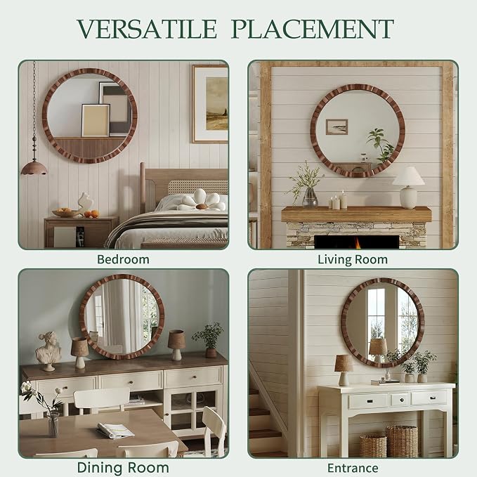 Round Wood Wall Mirror - 31.5" Farmhouse Rustic Wall Decorative Mirrors, Wooden Circle Boho Accent Mirror for Living Room, Bedroom, Bathroom, Entryway, Hallway, Fireplace (Walnut)