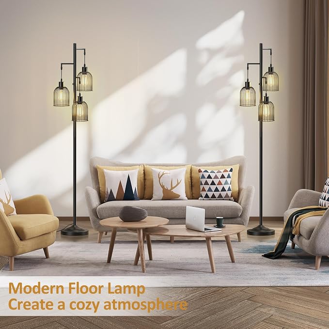 Stepless Dimmable Floor Lamps with Hanging Lampshades 3 Lights Boho Floor Lamps with 3 PCS 6W Bulbs Tree Standing Lamp Tall Pole Lamp for Living Room Bedroom Office, Black