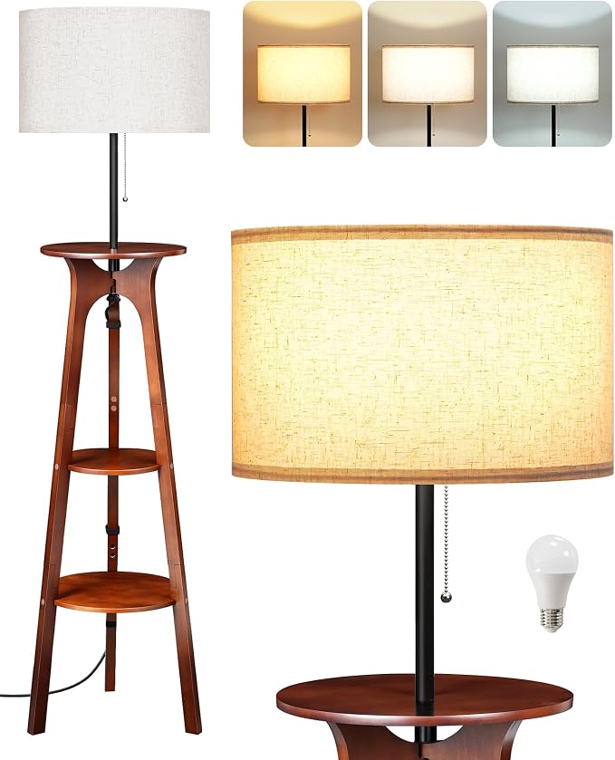3 Tier Shelf Floor Lamps, Wood Tripod Floor Lamp, Large Linen Lampshade, 3 Color Temperature LED Bulb Included, Modern Shelf Floor Lamp for Living Room Bedroom Beige and Walnut STE25LD05