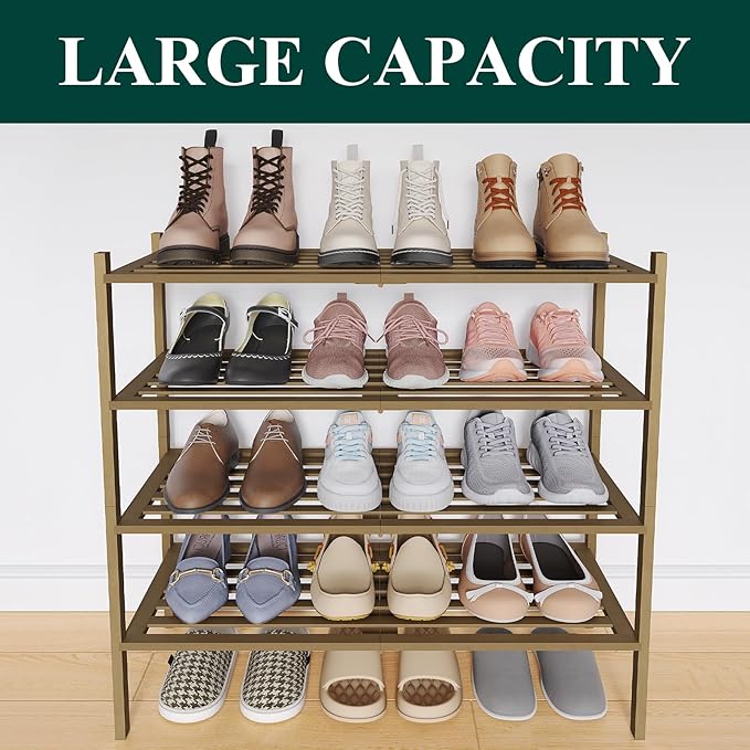 Smiry Bamboo Shoe Rack 4-Tier, Stackable Wooden Shoe Organizer for Entryway & Closet, Free Standing Wood Shoe Storage Shelf for Front Door & Small Spaces, Walnut