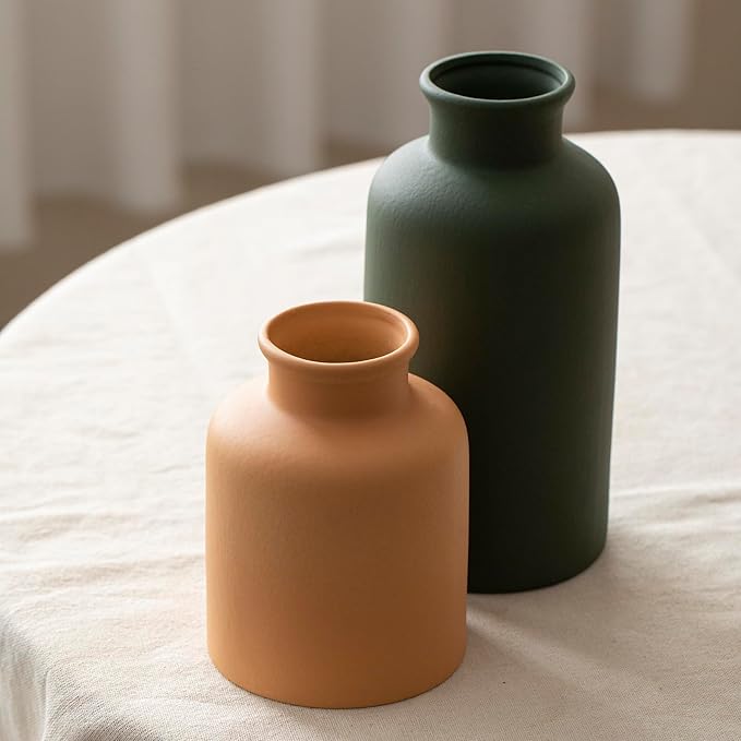 Large Modern Ceramic Vase Set of 3, Neutral Colors, Decorative Bottles for Home, Farmhouse Rustic Decor (XL Green Mix)