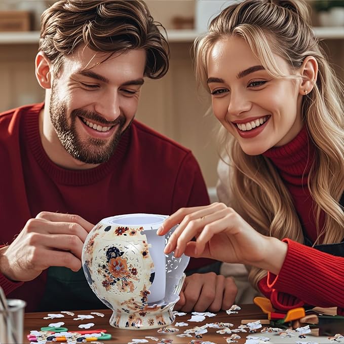 3D Puzzle Vase for Adults, 200 Curved Pieces DIY LED Vase, Unique Craft Kit for Home Decoration, Creative Hobby Gift for Women, Ideal Housewarming & Birthday Gifts (Vintage Floral Cream)