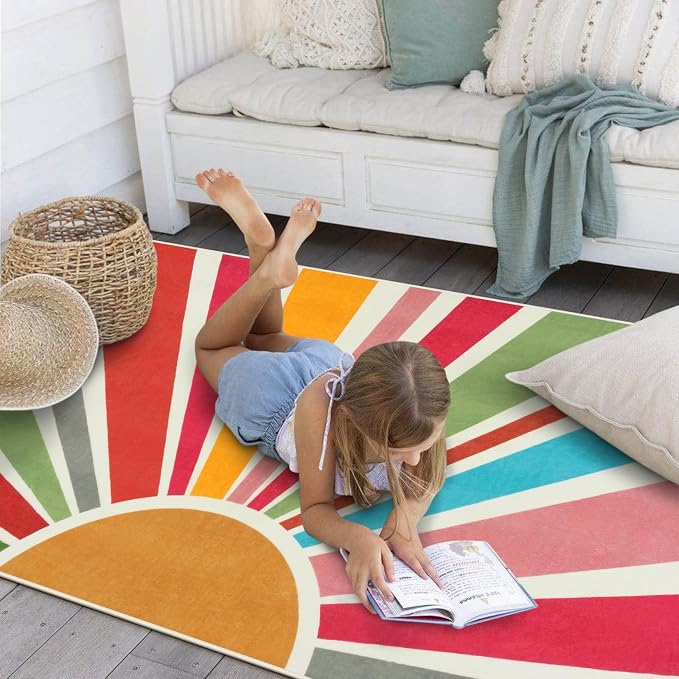 STARUIA Boho Washable Rug 3'x5' Kids Area Rug for Playroom, Colorful Kids Rugs for Bedroom, Non-Slip Throw Sun Carpet Soft Small Sunshine Rugs for Office Nursery Entryway Dorm