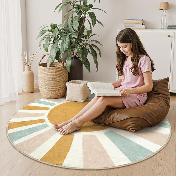 LIVEBOX Washable Boho Rug 6ft Large Round Rug for Nursery Room, Non-Slip Soft Throw Circle Rugs for Living Room, Colorful Rainbow Circular Rugs for Kids Room