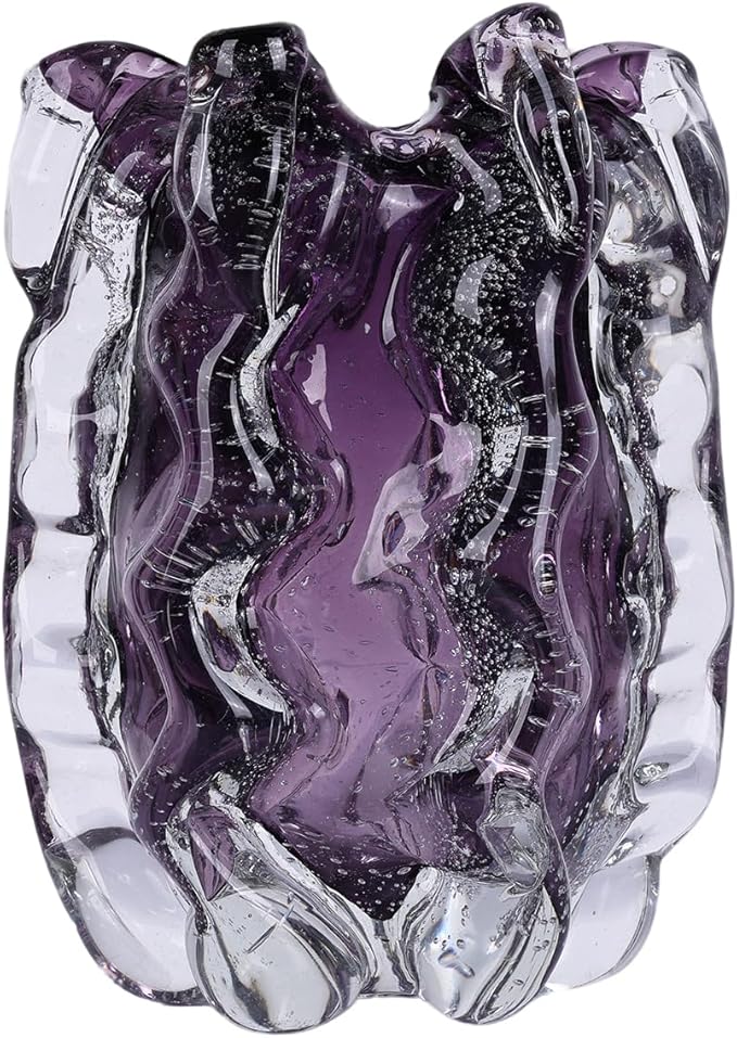 Blown Glass Bubble with Ruffled Edge Vase, Art Glass for Home Decor, Tall Vases for Centerpieces & Flowers, Crystal-Like for Bouquets & Pampas Grass, Vases Amber, Flower Bouquet Display (Purple, S)