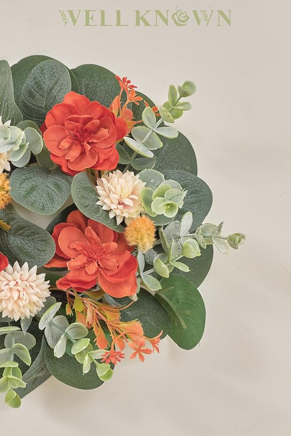 2 Pcs Mini Fall Orange Floral Candle Rings Wreaths for Pillars Home Table Window Decor, 9 Inches Artificial Flower Cabinet Wreath for Autumn Kitchen Farmhouse Wedding Party (Orange Delphinium)