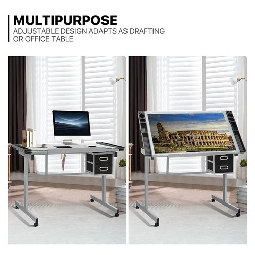 MoNiBloom Drafting Table - Adjustable 0-65° Glass Top on Wheels with Storage & Side Tray