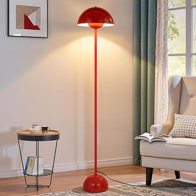 Coucrek Red Floor Lamp for Living Room, 66'' Tall Industrial Standing Lamp with Unique Reflecting Shade, Mid Century Modern Ambient Light for Bedroom Office Corner