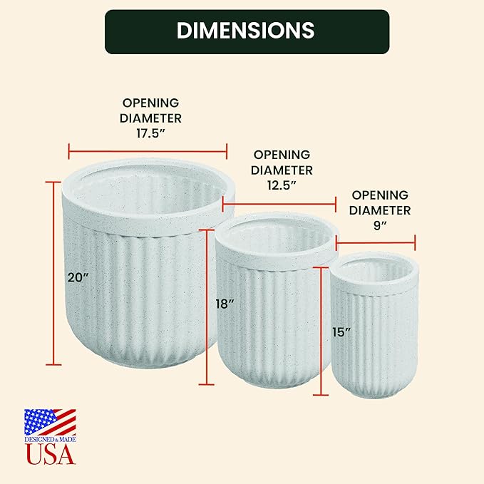 Beuta Large Planters for Outdoor Plants - Set of 3, 15/18/20 Inches - USA Made - Outdoor Planters for Porch - Tall Planter for Outdoor & Indoor Plants | Large Indoor Plant Pot - Limewash