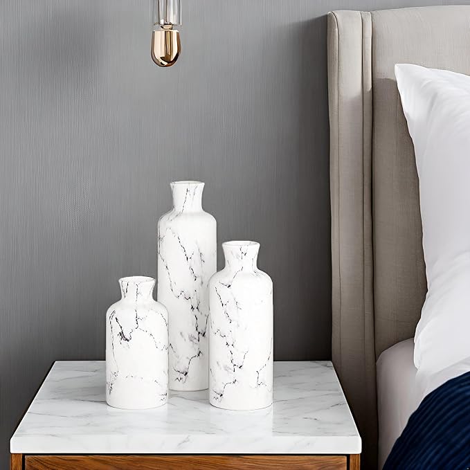 Creative Scents White Marble Look Vases Home Decor - Vase Set of 3 - Perfect for Holding Pampas Grass, Dried/Fresh Flowers, Vases for Your Kitchen, Bedroom, Office, Living/Dining Room, or Shelf Decor