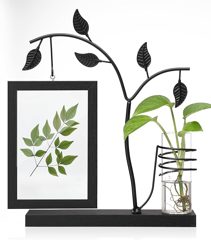Afuly 4x6 Picture Frame Black with Metal Stand Glass Vase, Double Sided Glass Photo Frames, Wood Picture Frames Desk Modern Home Decor Anniversary wedding Gift for Couple Grandma Mom