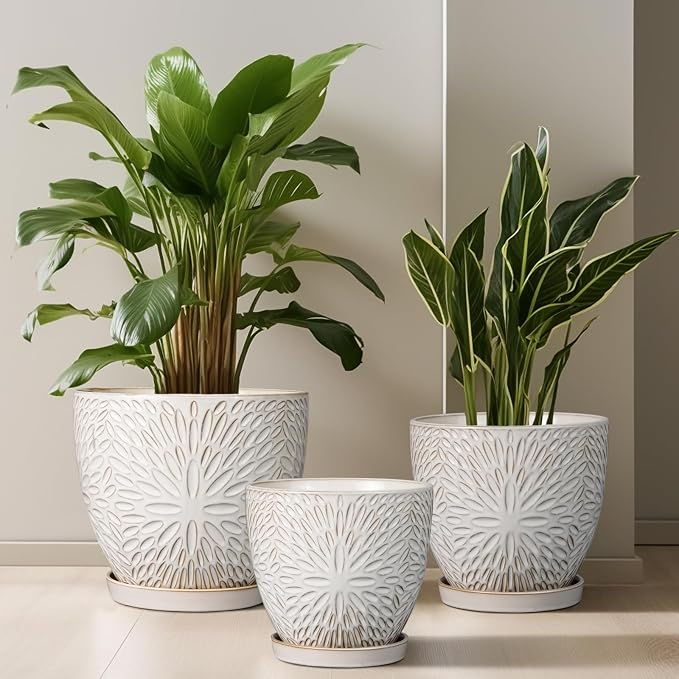 G EPGardening 10 Inch Ceramic Planter Pot with Drainage Hole and Saucer Large Plant Pot for Indoor Plants Outdoor Round Flower Pot for Home Garden Office White