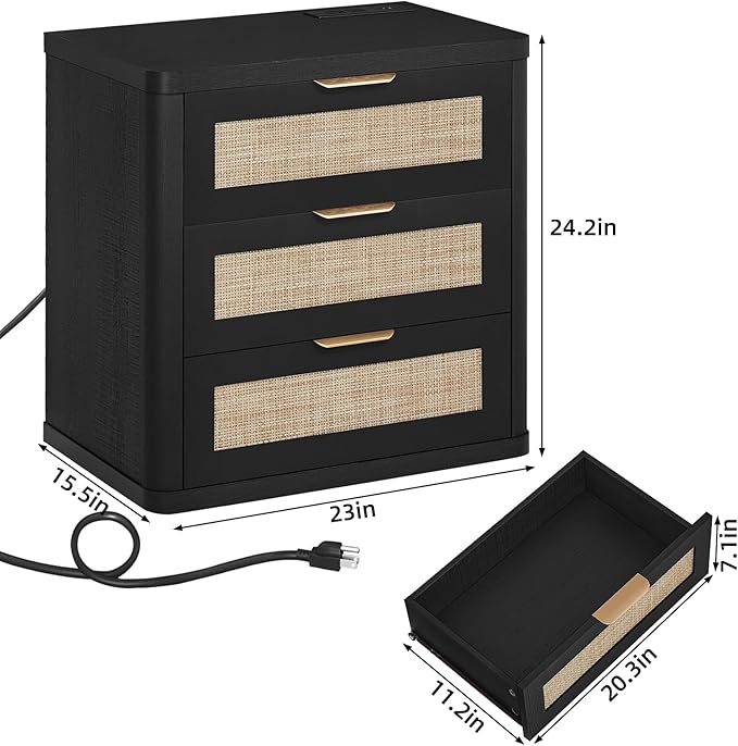 LEYAOYAO Rattan Night Stand Set of 2 with Charger Station, 23" Large 3 Drawer Boho Nightstand, Black Bedside Table Storage Cabinet, Bed Side End Tables for Bedroom, Living Room, Hallway