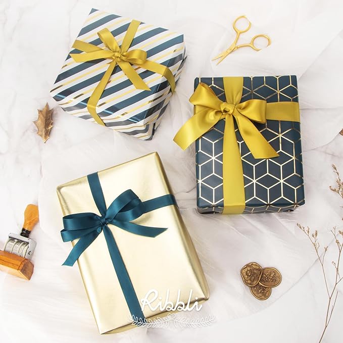 Ribbli Teal Gold Father’s Day Wrapping Paper Mini Roll, 3 Rolls Birthday Gift Wrap for Men Boy Friend Wedding - 17 inch x 120 inch(10feet) Per Roll