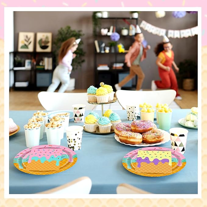 T-Antrix 40 Pcs Ice Cream Party Supplies, Disposable Ice Cream Paper Plates and Napkins Tableware Set for Kids & Girls Birthday, Baby Shower & Themed Parties Serves 20