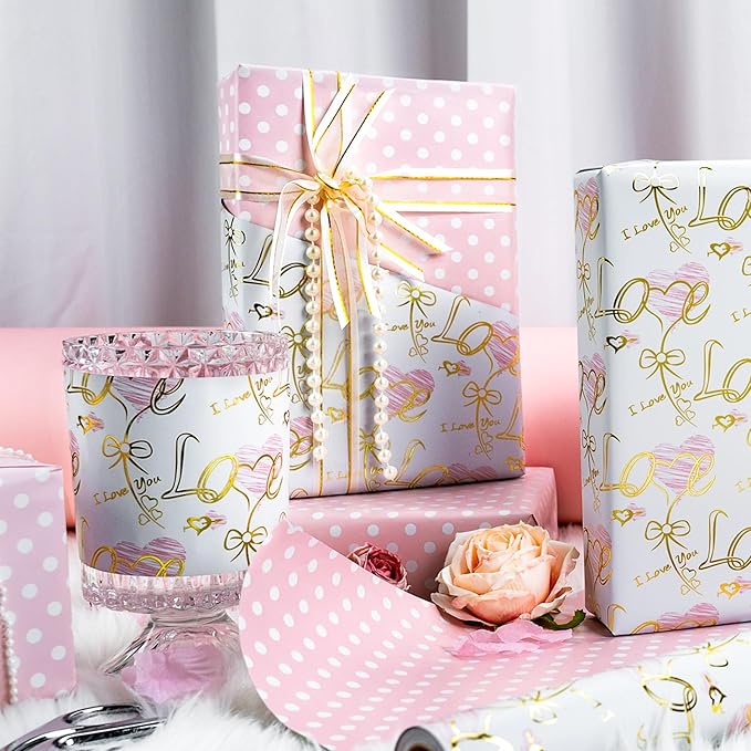 Yarcony Reversible Wedding Wrapping Paper, Heart Themed Gift Wrapping Paper, Creative Love & Bow Print Valentine's Day Gift Wrap for Girls, Women Birthday,Mother's Day, Anniversary(17 Inch X 33 Feet)