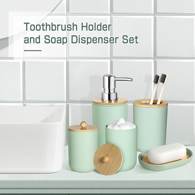 Green Bathroom Accessories Set 5 Pcs, Plastic Sage Green Bathroom Decor, Lotion Soap Dispenser and Toothbrush Holder Set, Qtip & Cotton Ball Holder, Green Bathroom Set, Boho Bathroom Decor
