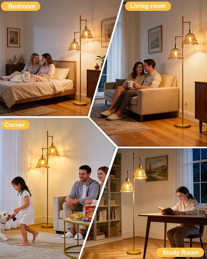 Lightdot 65IN Gold Flower Floor Lamp for Living Room, 2-Light Dimmable with Amber Glass Lampshade, 3000K Warm White Modern Standing Tall Lamp with 5Lbs Heavy Base for Bedroom Sofa Beside Corner Decor