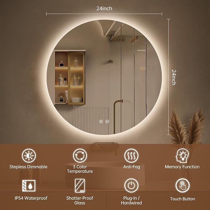 LOVESPEJO 24 Inch Round Backlit Bathroom Mirror with Lights, Circle LED Mirror for Bathroom, Fogless, Stepless Dimmable, 3 Color Changing, Memory, IP54, Shatterproof