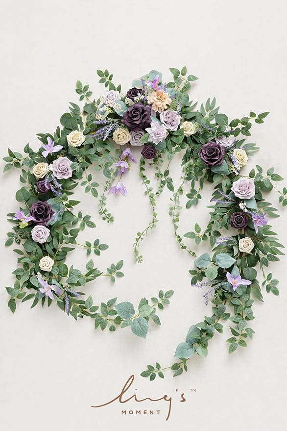Ling's moment 9FT Eucalyptus and Willow Leaf Garland with White Flower, Handcrafted Wedding Sweetheart Table Centerpieces Head Table Decor Arch Backdrop Decorations for Wedding | Lavender Purple