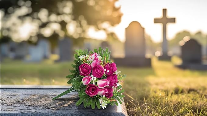 Hollyone Set of 2 Artificial Cemetery Flower for Graves Red Rose Cemetery Memorial Flowers for Outdoor Grave Decorations Silk Flower Arrangements Floral Flowers Bouquets