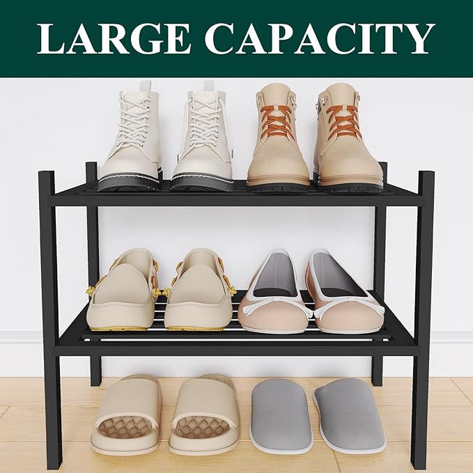 Smiry Small Bamboo Shoe Rack 2-Tier, Stackable Wooden Shoe Organizer for Entryway & Closet, Free Standing Wood Shoe Storage Shelf for Front Door & Small Spaces, Black